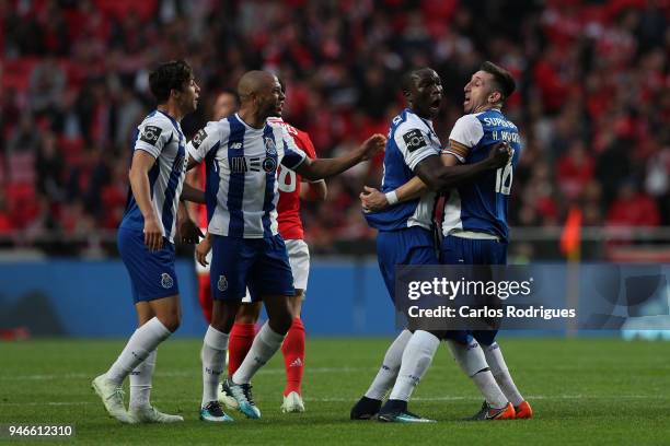 Porto midfielder Hector Herrera from Mexico celebrates scoring Porto goal with his team mates during the Portuguese Primeira Liga match between SL...