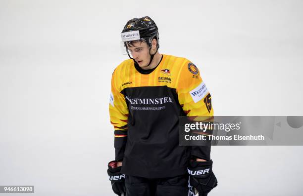 Stefan Loibl of Germany reacts during the international ice hockey friendly match between Germany and Slovakia at Energieverbund Arena on April 15,...