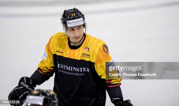 Jaroslav Hafenrichter of Germany reacts during the international ice hockey friendly match between Germany and Slovakia at Energieverbund Arena on...