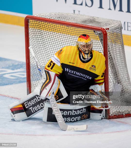 Germany's goalie Timo Pielmeier in action during the international ice hockey friendly match between Germany and Slovakia at Energieverbund Arena on...