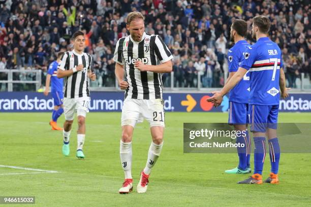 Benedikt Hwedes celebrates after scoring the second goal for Juventus during the Serie A football match between Juventus FC and US Sampdoria at...