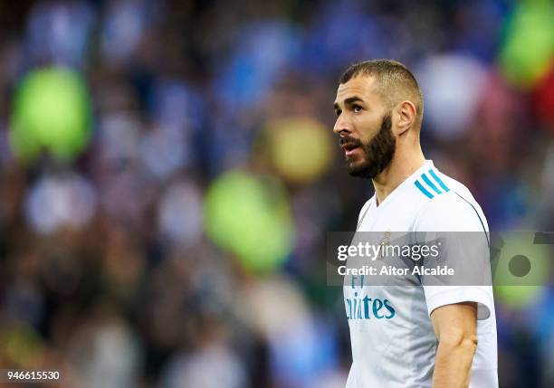 Karim Benzema of Real Madrid reacts during the La Liga match between Malaga CF and Real Madrid CF at Estadio La Rosaleda on April 15, 2018 in Malaga,...