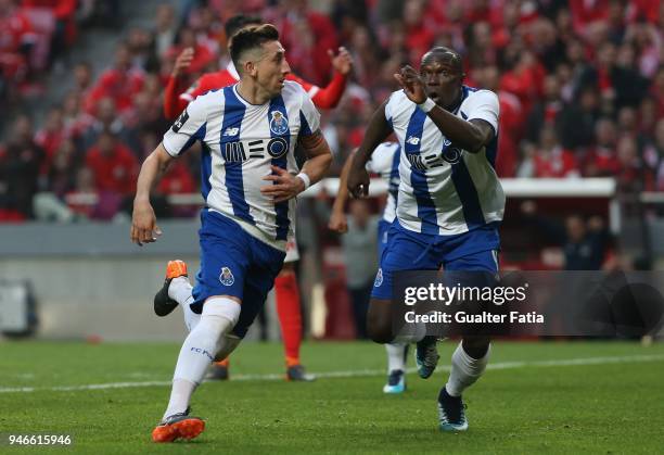 Porto midfielder Hector Herrera from Mexico celebrates after scoring a goal during the Primeira Liga match between SL Benfica and FC Porto at Estadio...