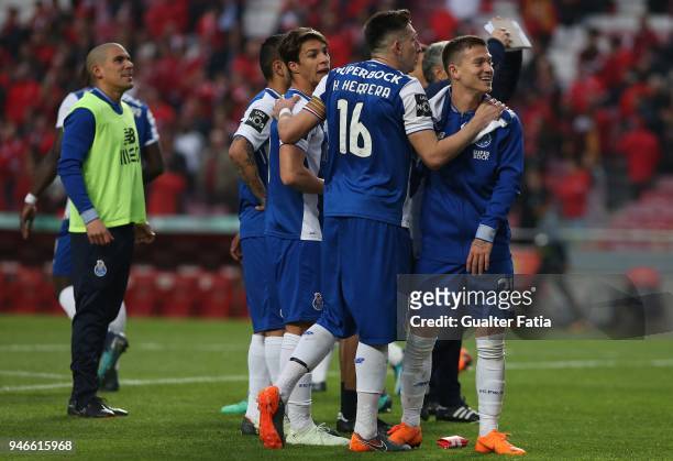 Goal scorer FC Porto midfielder Hector Herrera from Mexico celebrates with teammates the victory at the end of the Primeira Liga match between SL...