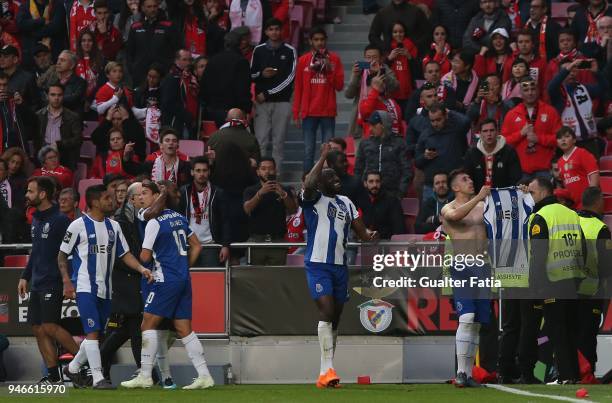 Porto midfielder Hector Herrera from Mexico celebrates with teammates after scoring a goal during the Primeira Liga match between SL Benfica and FC...