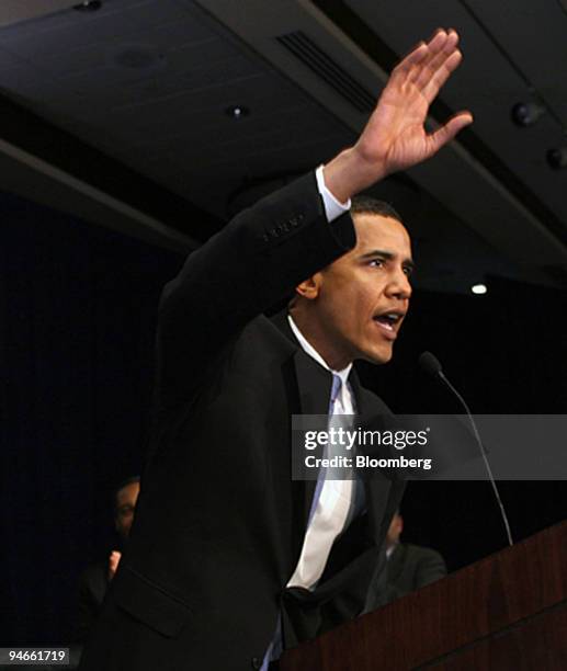 Barack Obama, Democratic Senator from Illinois and 2008 U.S. Presidential candidate, speaks to the Communications Workers of America during their...