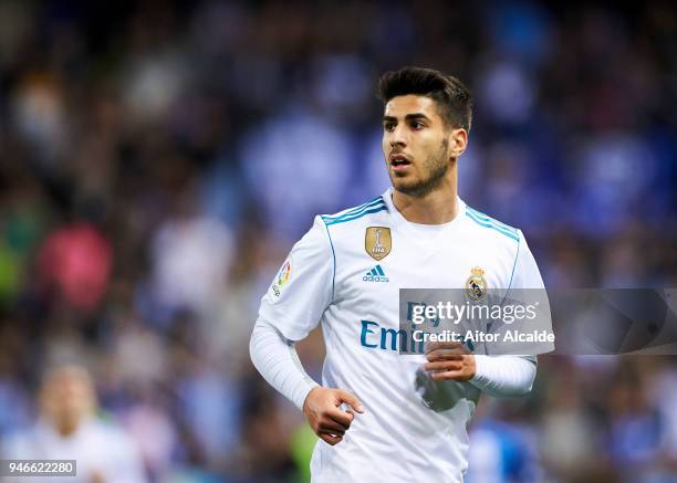 Marco Asensio of Real Madrid reacts during the La Liga match between Malaga CF and Real Madrid CF at Estadio La Rosaleda on April 15, 2018 in Malaga,...