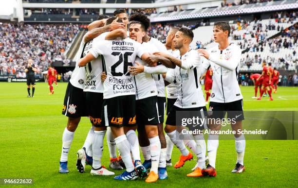 Players of Corinthinas celebrate after scoring their first goal during the match against Fluminense for the Brasileirao Series A 2018 at Arena...