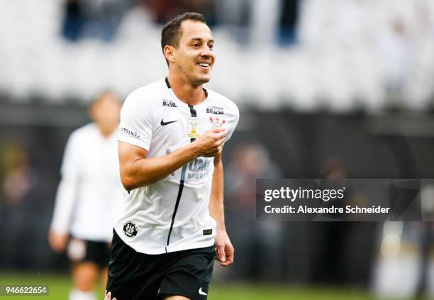 Rodriguinho of Corinthinas celebrates after scoring their first goal during the match against Fluminense for the Brasileirao Series A 2018 at Arena...