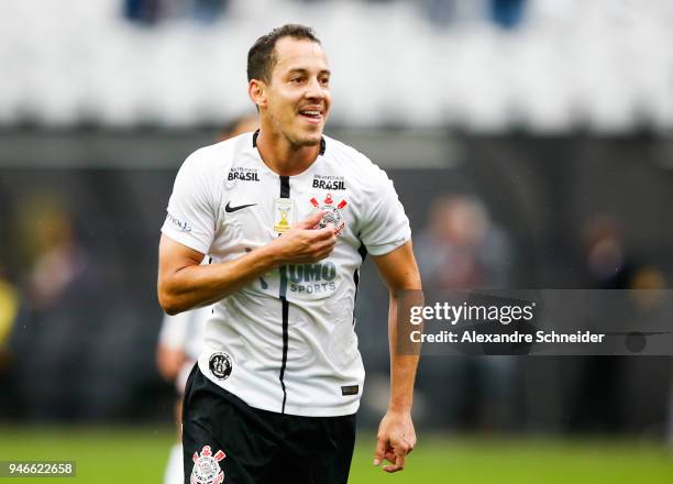 Rodriguinho of Corinthinas celebrates after scoring their first goal during the match against Fluminense for the Brasileirao Series A 2018 at Arena...