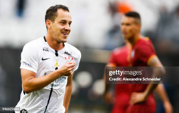 Rodriguinho of Corinthinas celebrates after scoring their first goal during the match against Fluminense for the Brasileirao Series A 2018 at Arena...