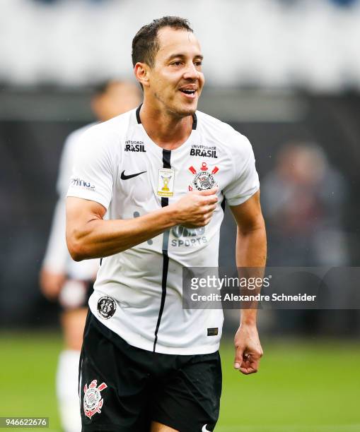 Rodriguinho of Corinthinas celebrates after scoring their first goal during the match against Fluminense for the Brasileirao Series A 2018 at Arena...