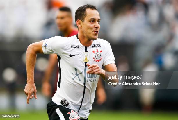 Rodriguinho of Corinthinas celebrates after scoring their first goal during the match against Fluminense for the Brasileirao Series A 2018 at Arena...