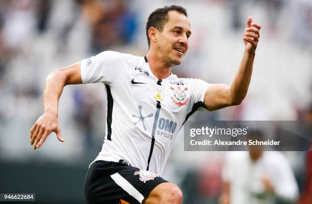 Rodriguinho of Corinthinas celebrates after scoring their first goal during the match against Fluminense for the Brasileirao Series A 2018 at Arena...