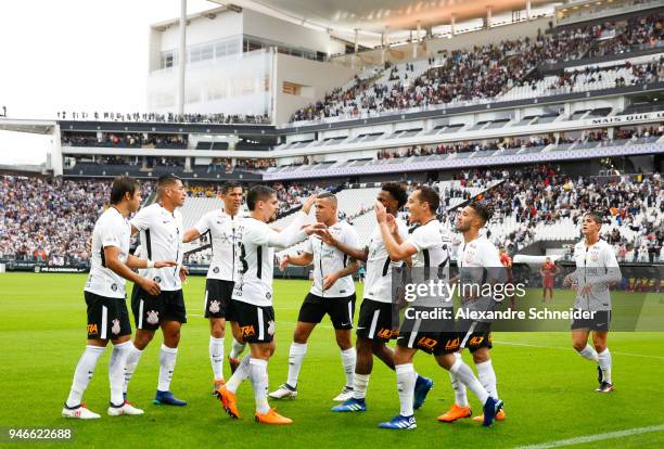 Players of Corinthinas celebrate after scoring their first goal during the match against Fluminense for the Brasileirao Series A 2018 at Arena...