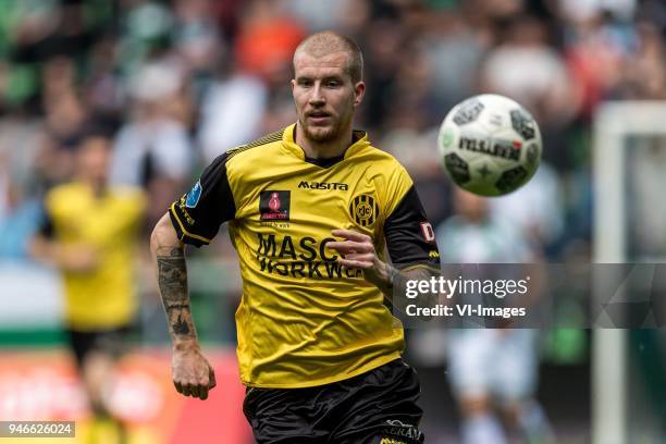 Simon Gustafson of Roda JC during the Dutch Eredivisie match between FC Groningen and Roda JC Kerkrade at Noordlease stadium on April 15, 2018 in...