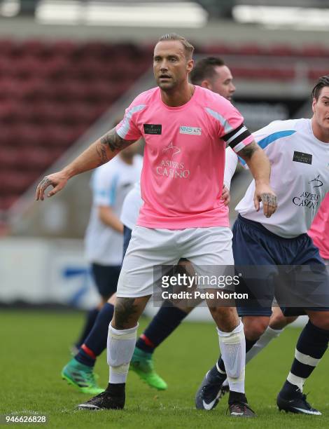 Calum Best in action during a Celebrity Charity Match at Sixfields on April 15, 2018 in Northampton, England.