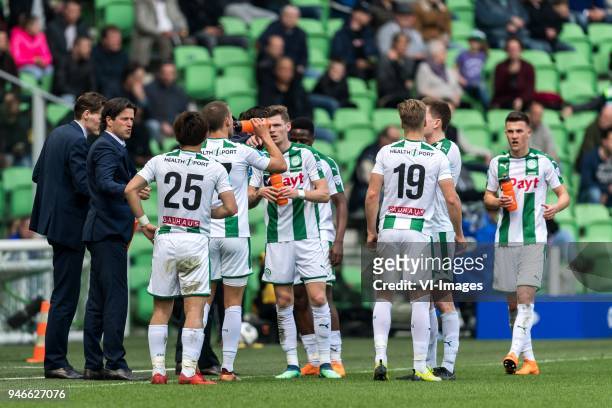 Coach Ernest Faber of FC Groningen give instructions to his players during the Dutch Eredivisie match between FC Groningen and Roda JC Kerkrade at...