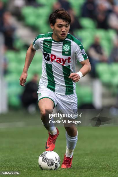 Ritsu Doan of FC Groningen during the Dutch Eredivisie match between FC Groningen and Roda JC Kerkrade at Noordlease stadium on April 15, 2018 in...