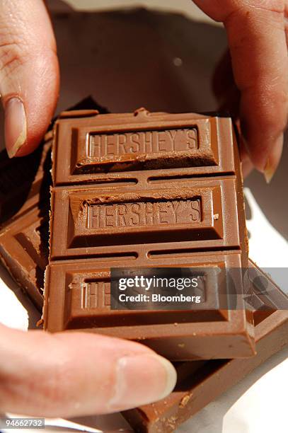 Linda Schnaper eats a Hershey's chocolate bar outside the Hershey's store in New York's Times Square,Thursday, April 20, 2006. Hershey Co., the...