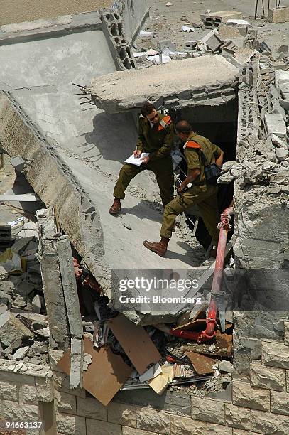 Soldiers inspect the site where rockets hit a house yesterday in Safed village, in Upper Galilee, Israel, Friday, July 14, 2006. Israel pounded...