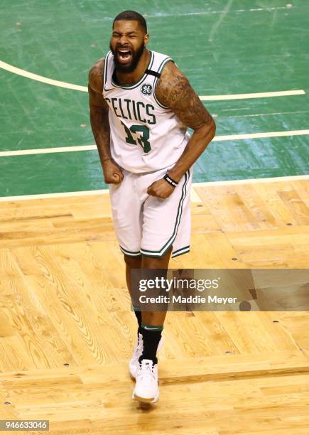 Marcus Morris of the Boston Celtics reacts during the fourth quarter of Game One of Round One of the 2018 NBA Playoffs against the Milwaukee Bucks...