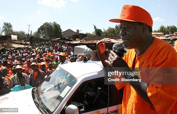 Raila Odinga, leader of the Orange Democratic Movement, speaks to his supporters at a political rally outside Nairobi, Kenya, on Friday, Nov. 23,...