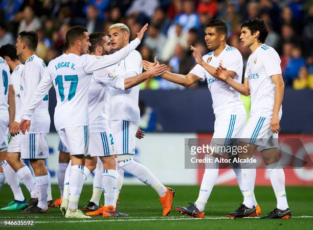 Casemiro of Real Madrid celebrates after scoring his team's second goal during the La Liga match between Malaga CF and Real Madrid CF at Estadio La...