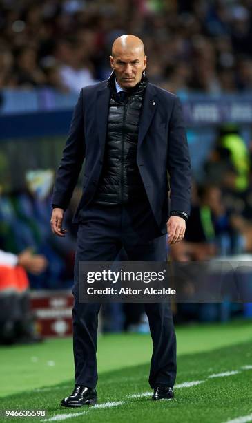 Head Coach Zinedine Zidane of Real Madrid reacts during the La Liga match between Malaga CF and Real Madrid CF at Estadio La Rosaleda on April 15,...