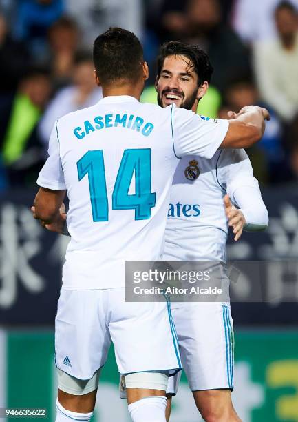 Casemiro of Real Madrid celebrates with his teammates Isco Alarcon of Real Madrid after scoring his team's second goal during the La Liga match...