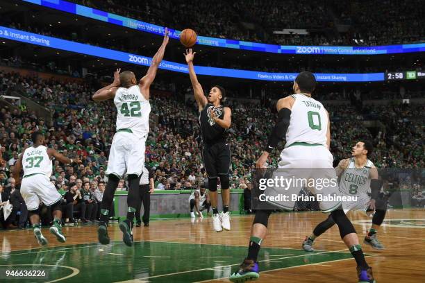 Malcolm Brogdon of the Milwaukee Bucks shoots the ball against the Boston Celtics in Game One of Round One during the 2018 NBA Playoffs on April 15,...