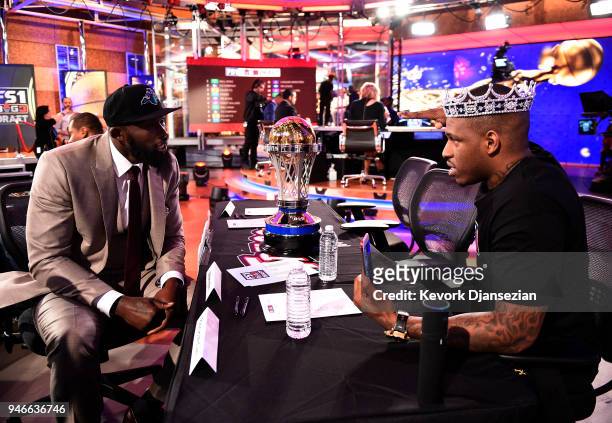 Trilogy team co-captain Rashad McCants and 3 Headed Monsters team co-captain Reggie Evans during the BIG3 2018 Player Draft at Fox Sports Studio on...