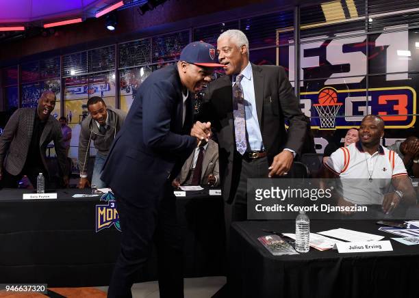 Tri-State team coach Julius Erving, congratulates Bonzi Wells after picking him during Round 3 of BIG3 2018 Player Draft at Fox Sports Studio on...