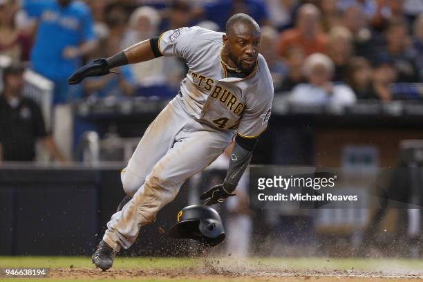 Starling Marte of the Pittsburgh Pirates scores a run in the seventh inning against the Miami Marlins at Marlins Park on April 15, 2018 in Miami,...