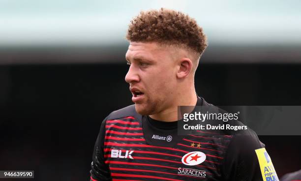 Nick Isiekwe of Saracens looks oni during the Aviva Premiership match between Saracens and Bath Rugby at Allianz Park on April 15, 2018 in Barnet,...