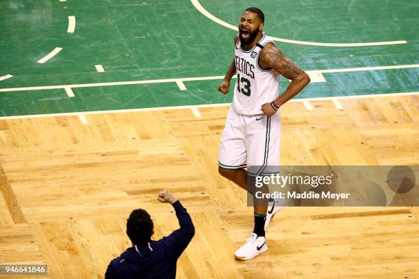 Marcus Morris of the Boston Celtics reacts during the fourth quarter of Game One of Round One of the 2018 NBA Playoffs against the Milwaukee Bucks...