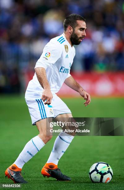 Daniel Carvajal of Real Madrid controls the ball during the La Liga match between Malaga CF and Real Madrid CF at Estadio La Rosaleda on April 15,...