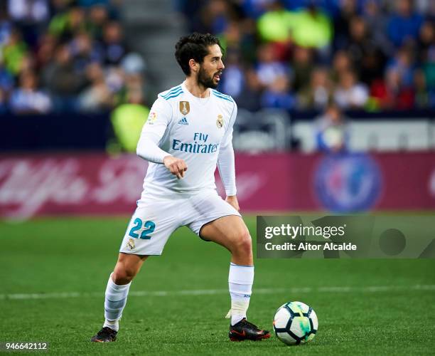 Isco Alarcon of Real Madrid controls the ball during the La Liga match between Malaga CF and Real Madrid CF at Estadio La Rosaleda on April 15, 2018...