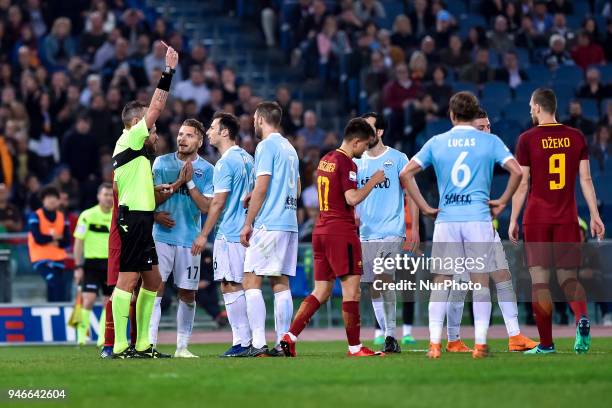 Stefan Radu of Lazio leaves the field getting a red card from the referee during the Serie A match between Lazio and Roma at Olympic Stadium, Roma,...