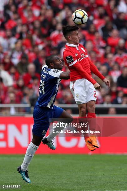 Benfica forward Franco Cervi from Argentina higher that FC Porto defender Ricardo Pereira from Portugal heads the ball during the Portuguese Primeira...