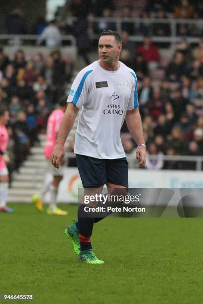 Kieran Hayler, the husband of model Katie Price, in action during a Celebrity Charity Match at Sixfields on April 15, 2018 in Northampton, England.