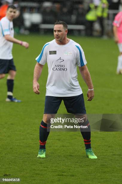 Kieran Hayler, the husband of model Katie Price, in action during a Celebrity Charity Match at Sixfields on April 15, 2018 in Northampton, England.