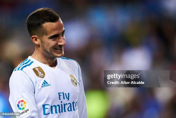 Lucas Vazquez of Real Madrid reacts during the La Liga match between Malaga CF and Real Madrid CF at Estadio La Rosaleda on April 15, 2018 in Malaga,...