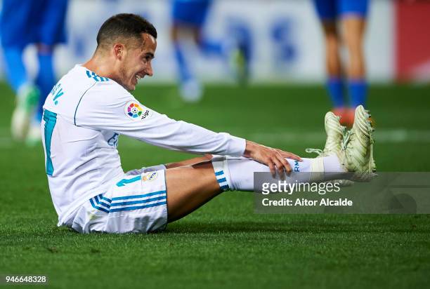 Lucas Vazquez of Real Madrid reacts during the La Liga match between Malaga CF and Real Madrid CF at Estadio La Rosaleda on April 15, 2018 in Malaga,...
