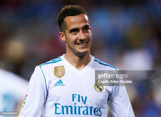 Lucas Vazquez of Real Madrid reacts during the La Liga match between Malaga CF and Real Madrid CF at Estadio La Rosaleda on April 15, 2018 in Malaga,...