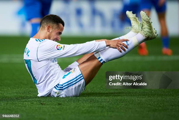 Lucas Vazquez of Real Madrid reacts during the La Liga match between Malaga CF and Real Madrid CF at Estadio La Rosaleda on April 15, 2018 in Malaga,...