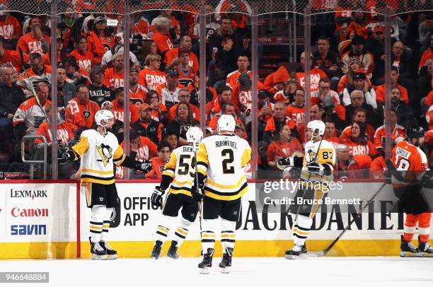 Brian Dumoulin of the Pittsburgh Penguins celebrates his goal against the Philadelphia Flyers at 6:53 of the second period in Game Three of the...