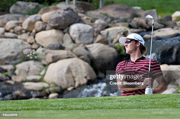 Defending champion Will MacKenzie hits out of a bunker near the ninth green during the first round of the 2007 Reno-Tahoe Open at Montreux Golf and...