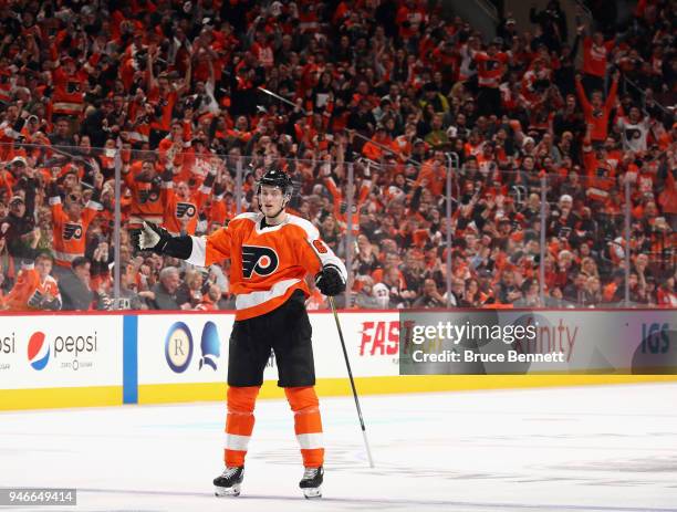 Travis Sanheim of the Philadelphia Flyers celebrates his goal against the Pittsburgh Penguins at 13:42 of the second period in Game Three of the...