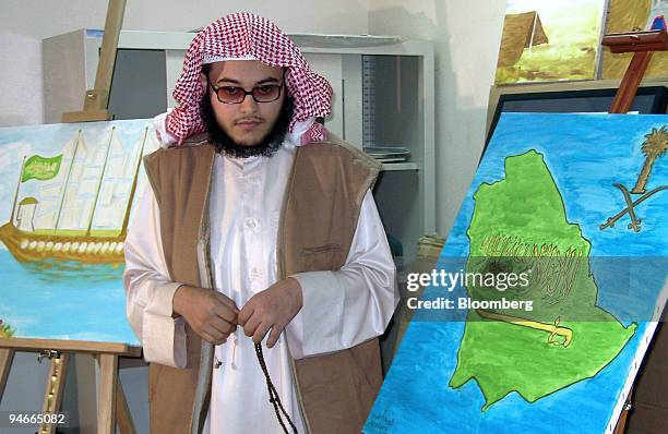 Hatam al-Qahtami, a 24-year-old Saudi, stands in the art class room at a rehabilitation center outside of Riyadh, Saudi Arabia, on Wednesday, Nov....